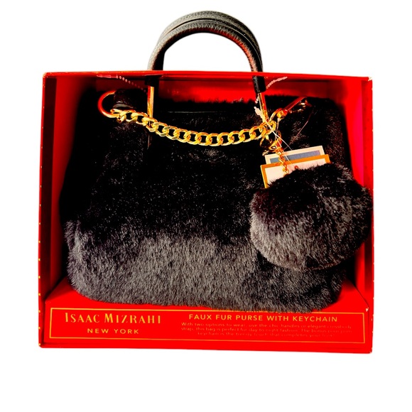 NWT BNIB Isaac Mizrahi Black Faux Fur Crossbody bag w/pompom keychain gift box - Picture 1 of 6